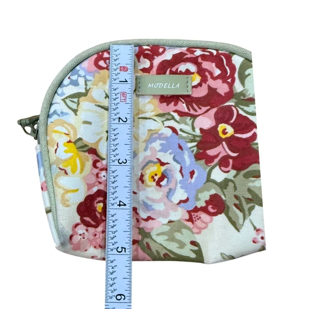 Modella Floral Makeup Bag Cream Red Green Canvas Zip Travel Cosmetic Pouch Small